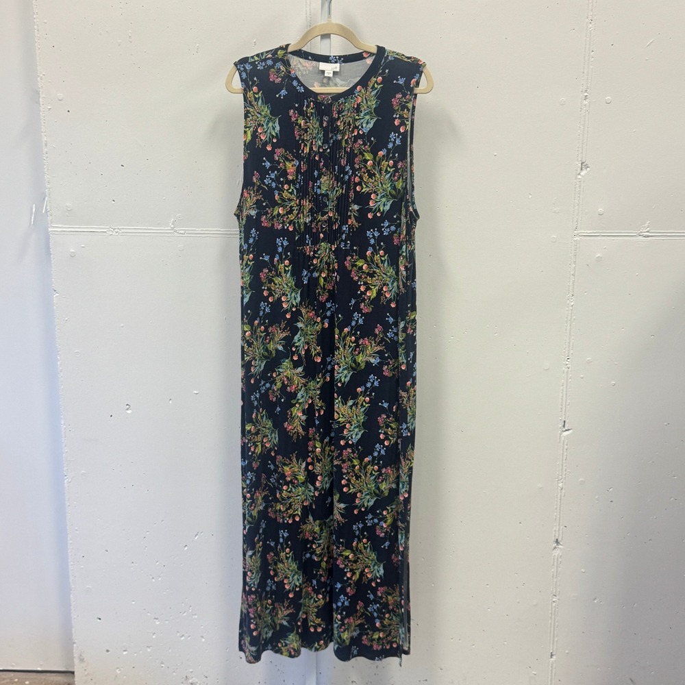 J. Jill Navy Floral Pintuck Sleeveless Maxi Dress XL KDR086361 Soft Stretch